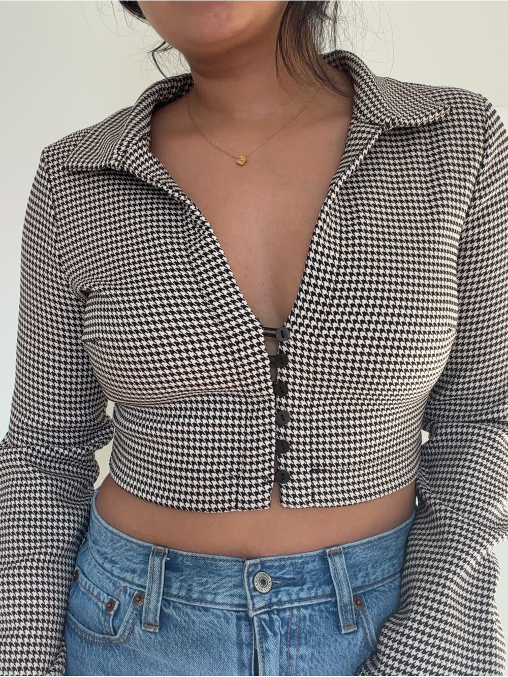 Cropped Houndstooth Button-Front Collared Top - Black & White